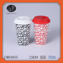 Tasse à café en céramique sans poignée, tasse à café avec couvercle en silicone